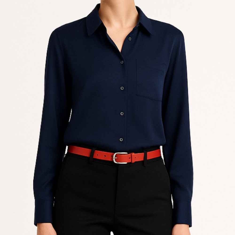 100% SILK Navy Blue Button Down Blouse Shirt for Work XS
